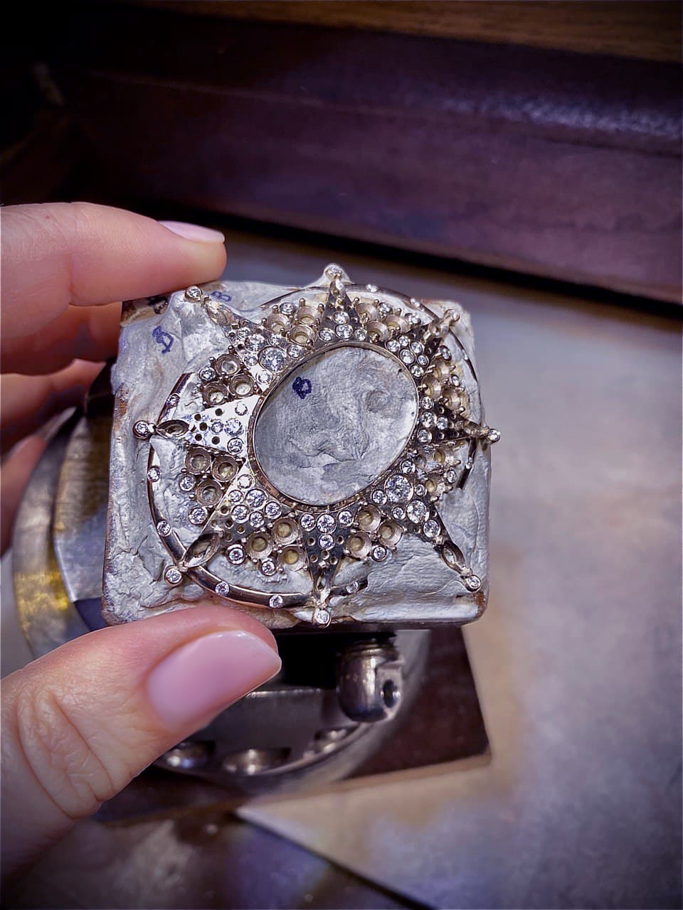 LIÉNA JEWELS craftsmanship — moon pendant with diamonds