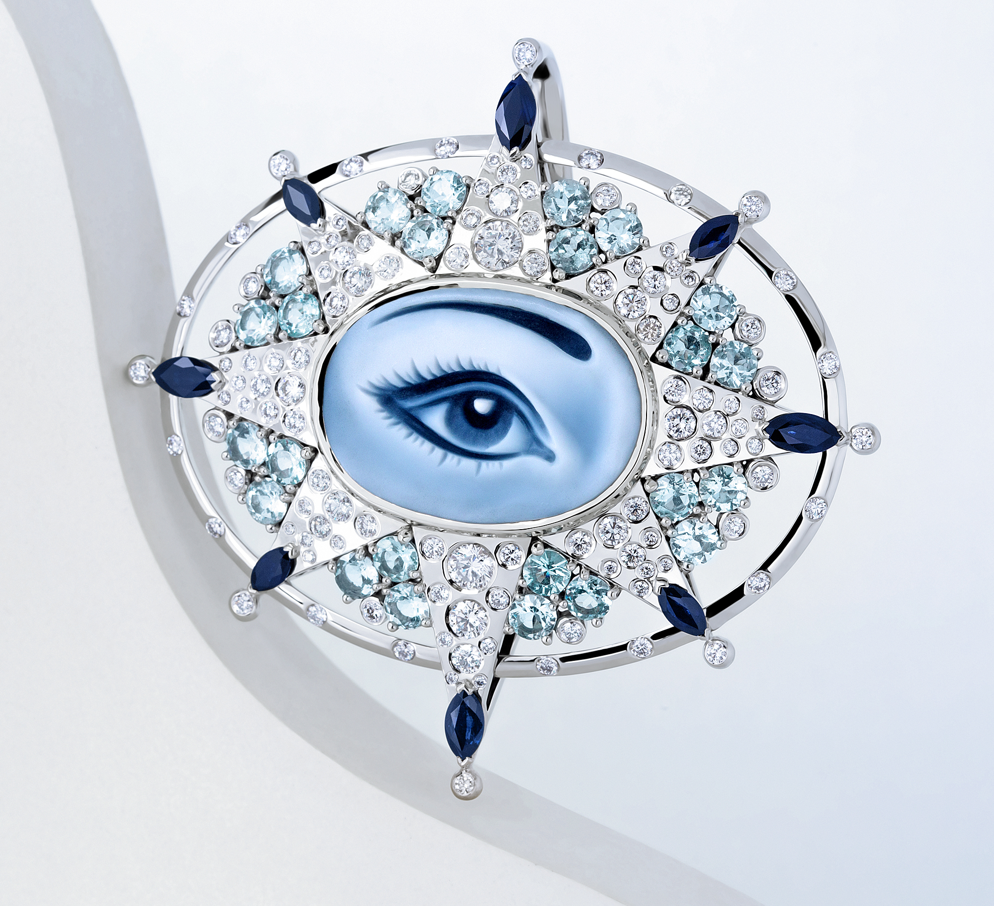 LIÉNA JEWELS — eye pendant with aquamarines, sapphires and diamonds
