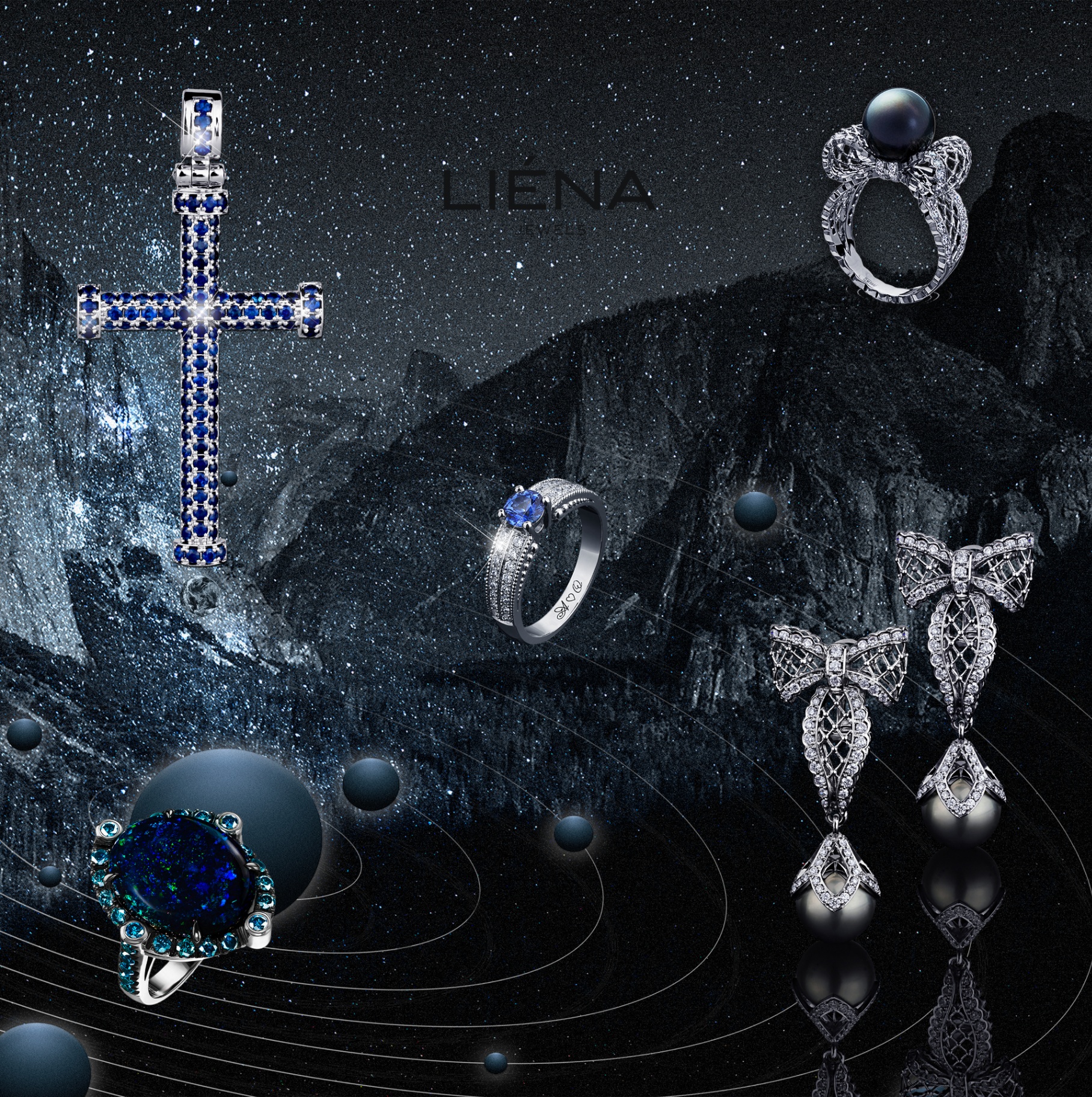 Bespoke jewelry collection featuring blue sapphire cross, rings, and pearl earrings
