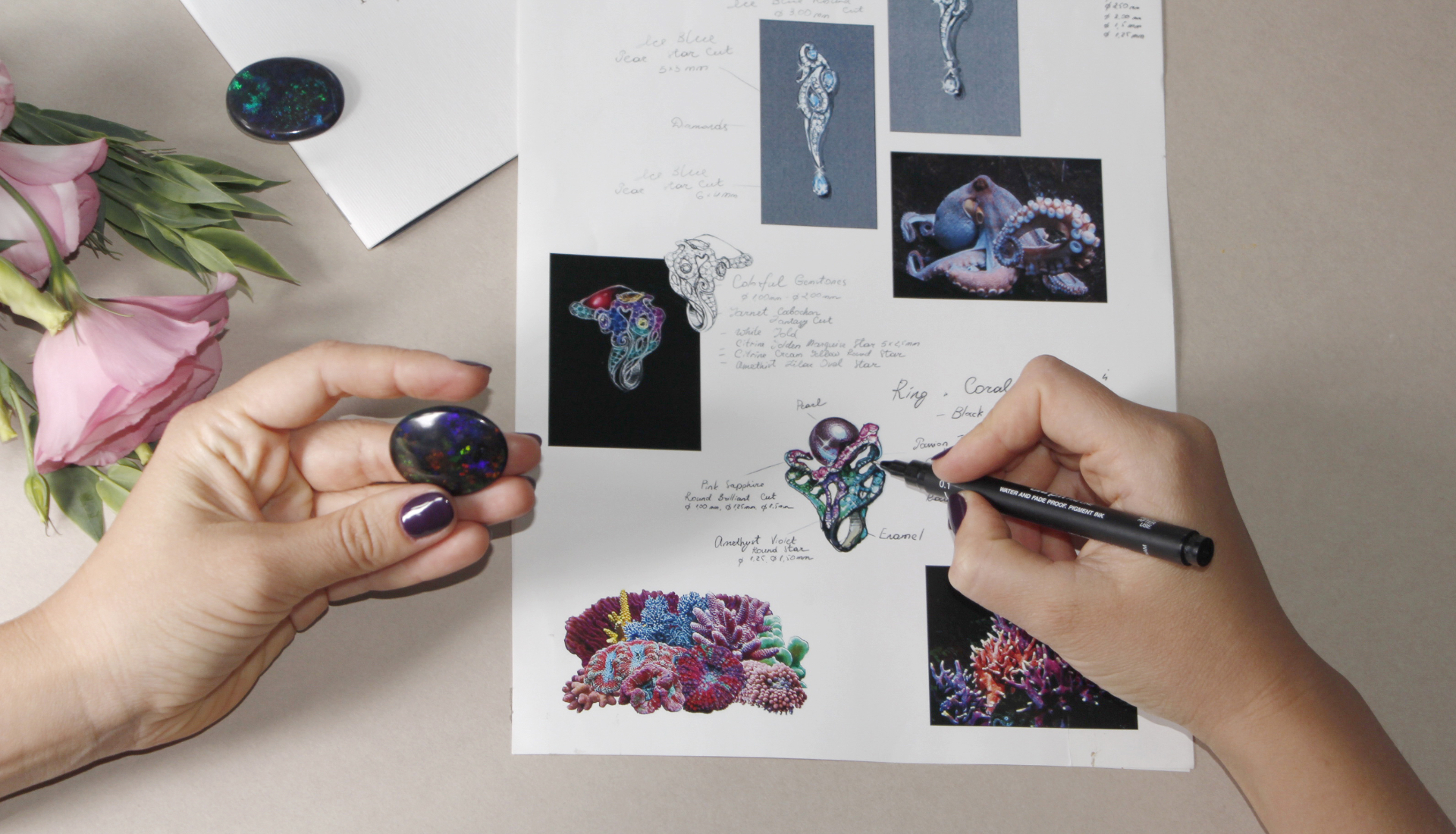 LIÉNA JEWELS — Sketches with opal, coral and octopus