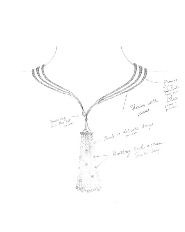LIÉNA JEWELS — Tassel necklace sketch with topaz and pearls